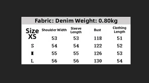 Size chart showing denim jacket measurements for XS, S, M, L including bust and length