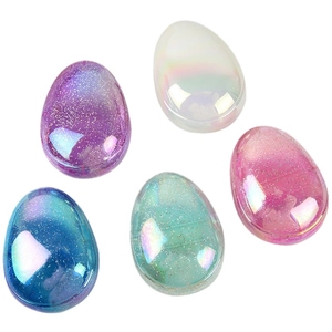 Five glitter starry egg-shaped detangling hair brushes in purple, white, pink, blue, and green