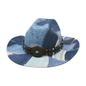 Vintage western denim patchwork cowboy hat with turquoise leather band and metal buckle