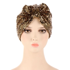 Golden sequin turban hat with a large bow detail for women, elegant head wrap accessory