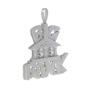 Macro shot of silver hip hop shield pendant with Big Bank text and inlaid zircons