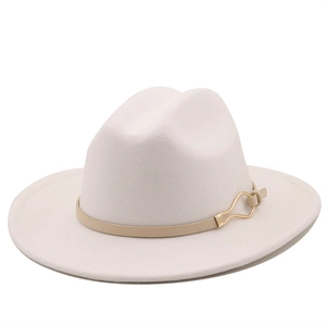 Detail of white wide brim wool fedora hat featuring a brown leather belt with gold buckle