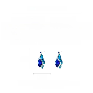 Size information and macro view of blue crystal drop earrings with alloy material specs