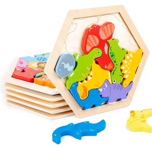 3D wooden dinosaur puzzle toy with hexagonal base and colorful building blocks for kids