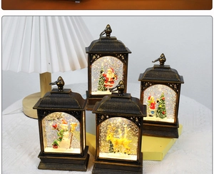 Group display of bronze Christmas lanterns featuring Santa and Snowman inside with glitter