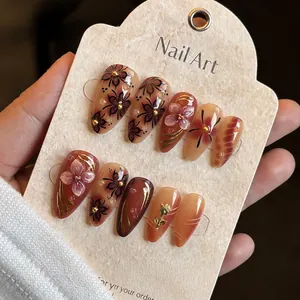 Brown 3D Flower Press-on Nails Almond Shape Leopard Print Hand-painted Artificial Nails Rhinestone Pearl Decor Women Fashion Manicure
