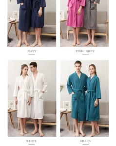 Detailed grid view of waffle knit bathrobes in Navy, Pink, White, and Green colors