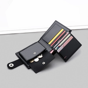 Men's black leather bifold wallet with magnetic snap closure and coin pocket