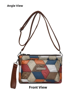 Front detail of large color-block crossbody bag with geometric patchwork and logo plate