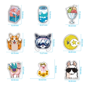 Waterproof PVC cartoon stickers showing dimensions for milk box, alpaca, and ice cream