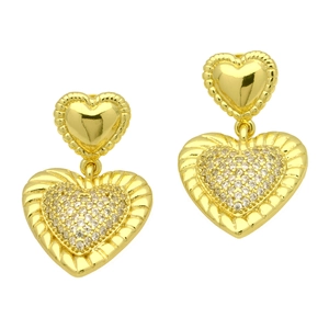 Elegant gold heart earrings with sparkling pavé crystals and striped embossed detailing