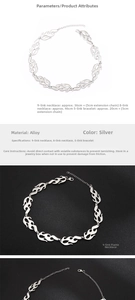 Detailed specs of punk flame metal necklace and bracelet with adjustable silver extension