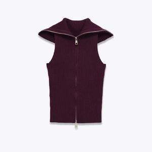 Gilet En Tricot Côtelé Femmes Fermeture Éclair Large Col Sans Manches Coupe Ajustée Haut Court Uni Violet