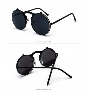 Detailed 90 and 180 degree views of vintage steampunk round flip-up sunglasses in black