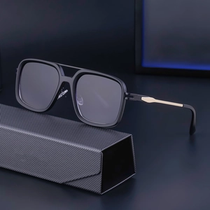 Classic black square sunglasses with double bridge and textured gray folding case