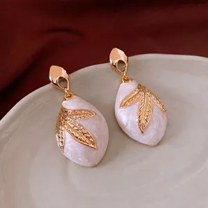 Vintage Teardrop Dangle Earrings With Silver Earring Post Alloy Gold Leaf Pattern Enamel Marble Effect For Women