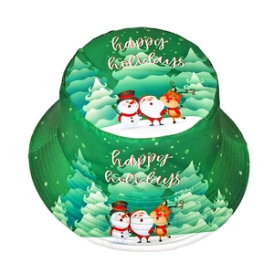 Dark green bucket hat with Christmas forest print and happy holidays lettering