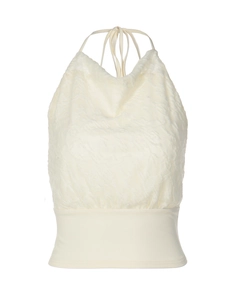 Off-white halter neck camisole with lace patchwork and tie-back backless detail