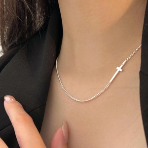 Minimalist 925 sterling silver cross choker necklace for women on black outfit