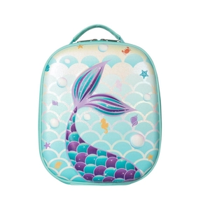 Detail of 3D mermaid tail pattern and double zippers on the EVA hard shell lunch bag
