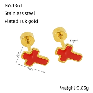 Detail of 18k gold plated stainless steel cross stud earrings with red enamel