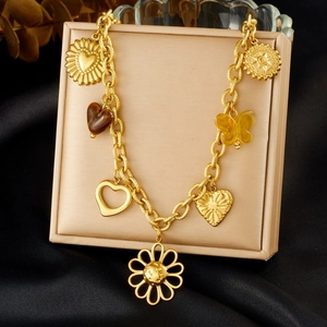 Vintage Gold Plated Stainless Steel Necklace With Heart Sunflower Butterfly Pendants Chunky Chain For Women