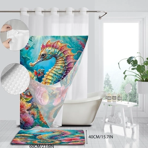 Detail of seahorse bath mat and curtain set with high saturation ocean art illustration