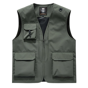 Men's outdoor multi-pocket fishing vest in olive green with zipper and mesh lining