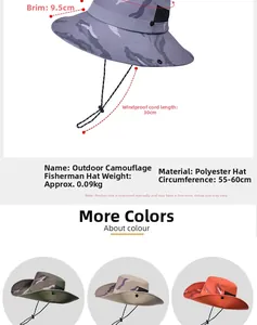 Size chart for camo sun hat showing 9.5cm brim width and 55-60cm circumference dimensions