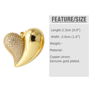 Detail view of heart-shaped earrings in 18k gold plated copper with zircon inlay