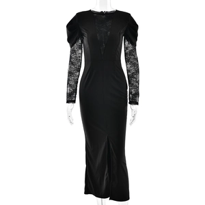 Detail of elegant black V-neck lace patchwork on long sleeve dress with front slit
