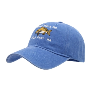 Casquette baseball en coton délavé bleu avec broderie Women Want Me Fish Fear Me et poisson