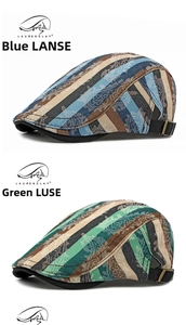 Detailed close-up of blue and green striped cotton ivy caps with adjustable metal side buckles