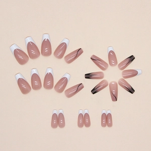 French minimalist coffin press-on nails set with black and white wavy lines and nude base