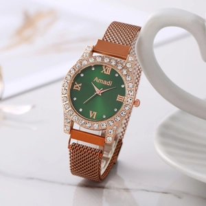 Montre Quartz Femme Élégante Lunette Strass Bracelet En Alliage Maillé Milanais Boucle Magnétique Chiffres Romains Mode