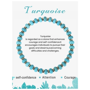 Detail of turquoise beaded bracelet with gold spacers on themed gift card packaging