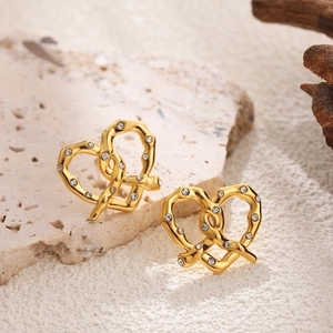18K gold plated stainless steel knot stud earrings with sparkling crystals for women