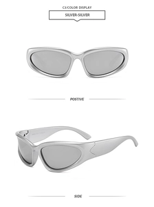 Detail view of silver sports sunglasses with streamlined matte frames and UV400 lenses