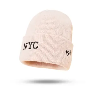 Pink knit NYC beanie with embroidery, warm winter headwear for men and women