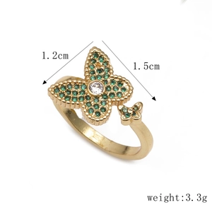 Bague ajustable papillon dorée avec zircons verts, dimensions 1,2 cm x 1,5 cm, poids 3,3 g