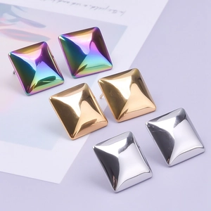 Polished 304 stainless steel pyramid stud earrings in iridescent, gold and silver finishes