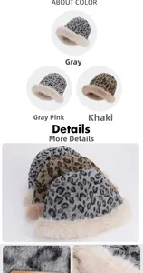 Close-up of leopard print winter bucket hat showing thick plush lining and knit texture