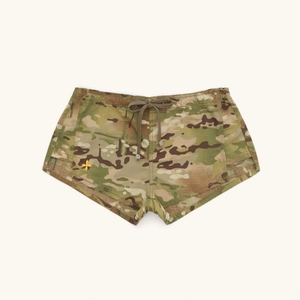 Outdoor camouflage cargo shorts with drawstring elastic waist and side split detail