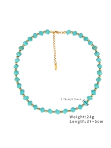 Detail of turquoise beaded necklace with gold metal spacers and lobster clasp measurement