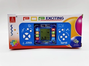 Blue retro handheld Tetris game console for kids in clean white professional packaging