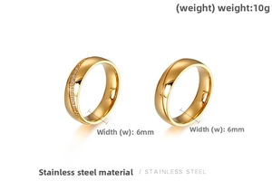 Macro view of 6mm gold stainless steel ring set showing dimensions and CZ stone details