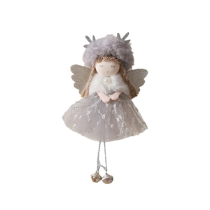 Plush Christmas angel doll ornament with grey reindeer hat and silver bells for tree decor