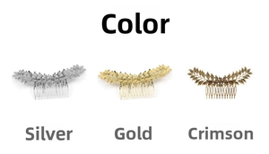 Detail of 10-tooth metal leaf hair combs in silver, gold and bronze finishes
