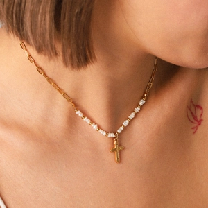 French vintage freshwater pearl necklace with gold stainless steel cross pendant