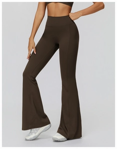 Close-up of high-waisted flared yoga pants in dark brown with seamless stitching